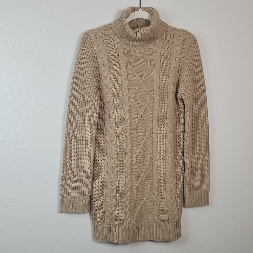 Caitlin M. Covington x Pink Lily Beige Cable Knit Turtleneck Sweater Tunic Women